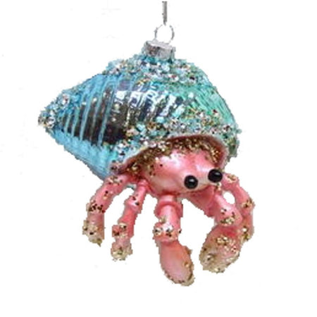 Hermit crab shaped figurine ornament.  Pink crab in teal blue shell.  Lots of glitter and bead embellishments.