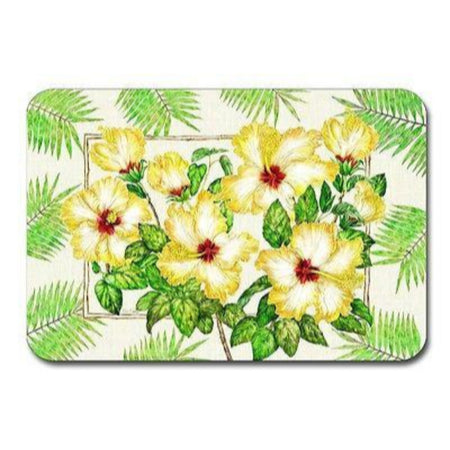 White placemat with yellow hibiscus and green palm frond pattern.