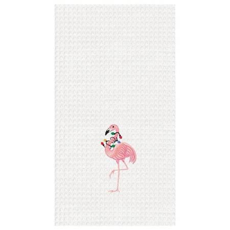 White waffle weave dishtowel with embroidered Pink flaming wrapped in Christmas lights.