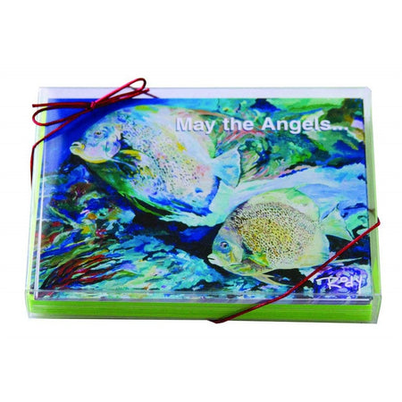 Boxed Christmas cards with 2 swimming angel fish in shades of blue and green.  Text "May the Angels...".