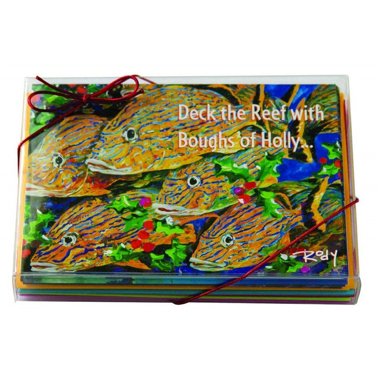 Clear box of cards with text "Deck the Reef with Boughs of Holly".  Colorful school of fish.