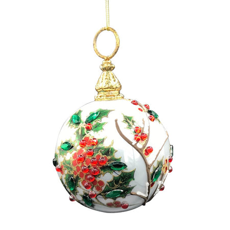 Ball shaped Christmas ornament with greenery and red holly berry design and red beads.