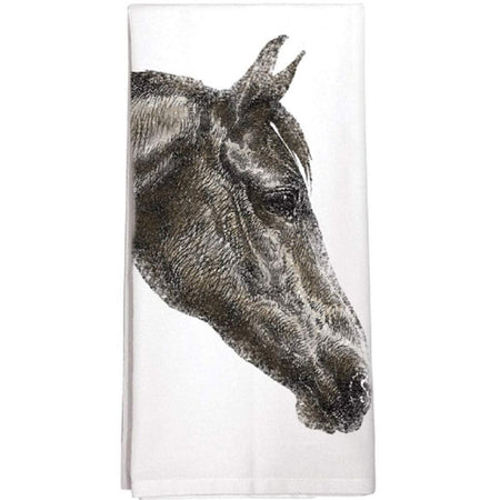 White flour sack dishtowel with a brown horse facing right.