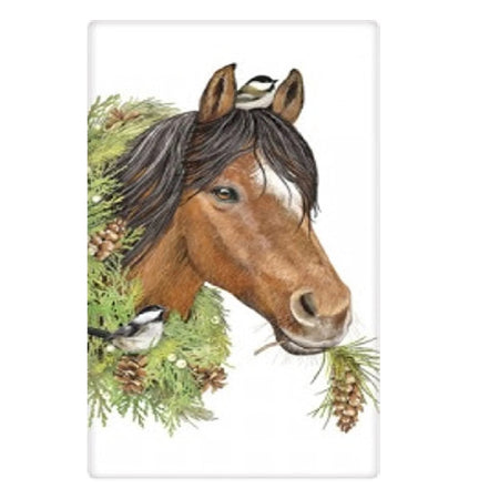 white towel with image screen printed on of a brown horse with a pine wreath around its neck and a chickadee sitting on its head.