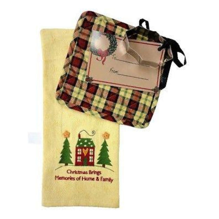 Embroidered kitchen towel. Text "Christmas Brings Memories of Home”. Coordinating pot holder, gift tag & holly cookie cutter.