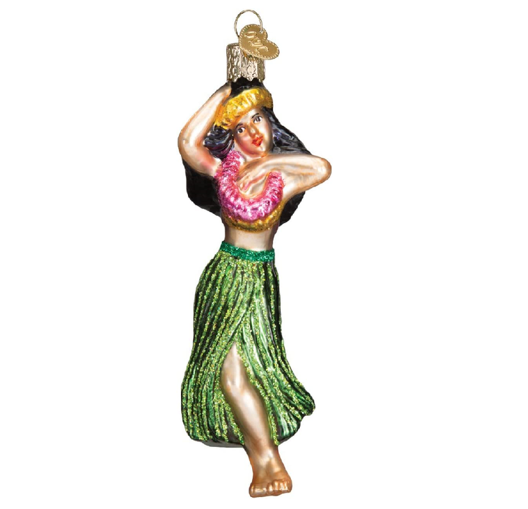 Blown glass ornament of a hula dancer in a green grass skirt and pink and yellow leis