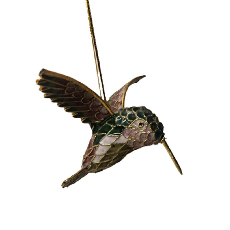 cloisonne hummingbird, enamel on copper. Green head with pink chest and wings.