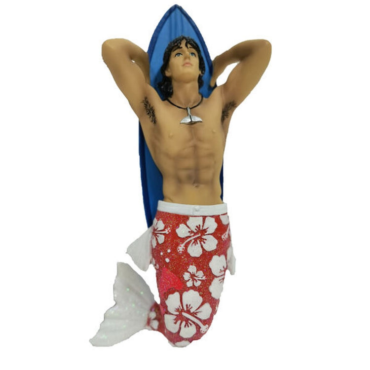 Merman with red & white floral boardshort design tail. he's holding a blue surfboard behind him.