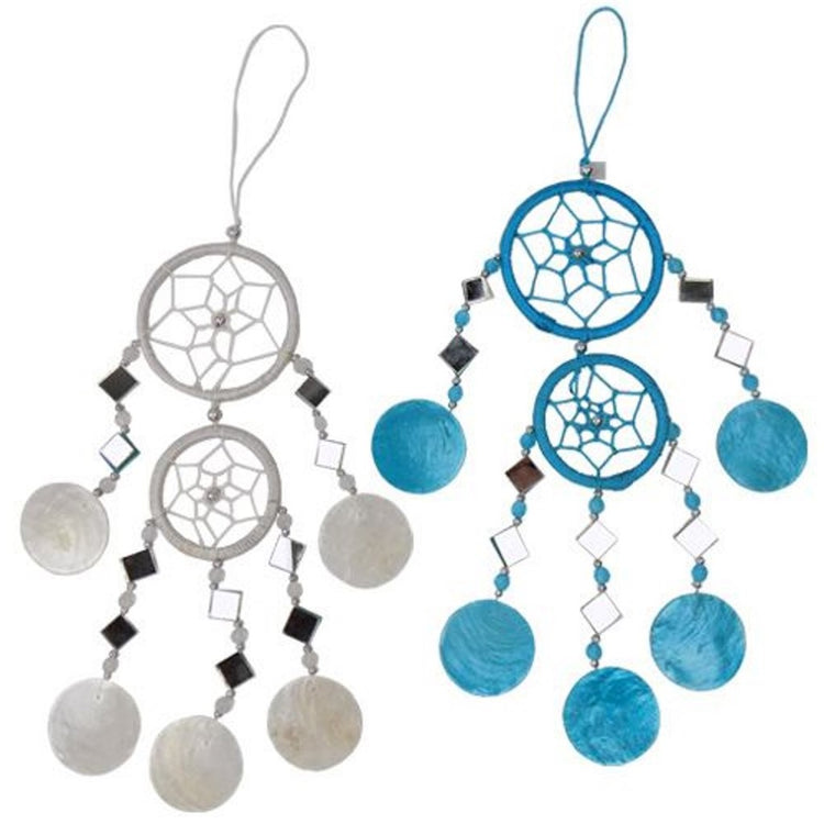 2 dream catcher ornaments. Both are made with beads, capiz shells, and mirrors. One is white and the other is blue.