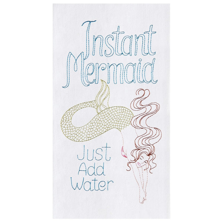 White towel, mermaid swimming down with text "Instant Mermaid Just add water"