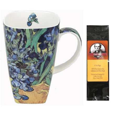 Coffee cup imprinted with Van Gogh's Irises.  Earl Grey tea package.