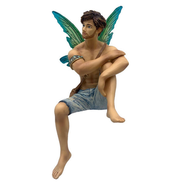 Resin male fairy sitting with hands wrapped around one knee. He's wearing jean cut off shorts, and a brown messenger bag.