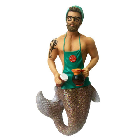 Mermaid figurine ornament.  Dressed as a barista holding a coffee pot and cup.  Green apron with matching knit hat.
