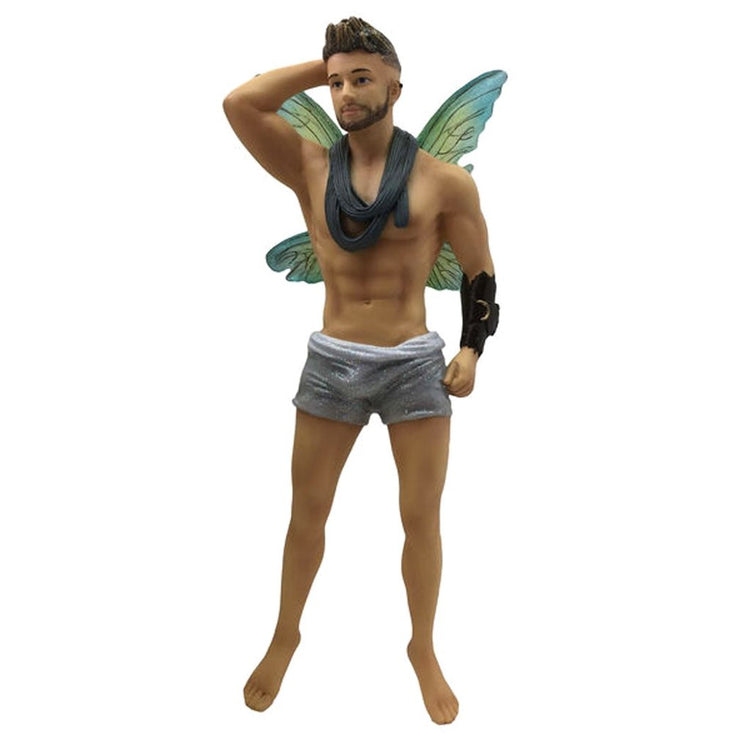 Fairy figurine shaped hanging ornament.  Wearing silver shorts, green wings, grey scarf around his neck and sporting an arm band.