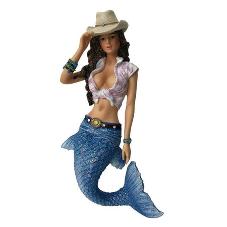 Mermaid figurine hanging ornament.  Dressed as a cowgirl with western hat and plaid tied up shirt, wearing a belt.