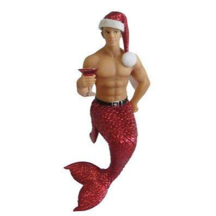 Merman figurine ornament.  Dressed in red tail with Santa hat, holding a cocktail.