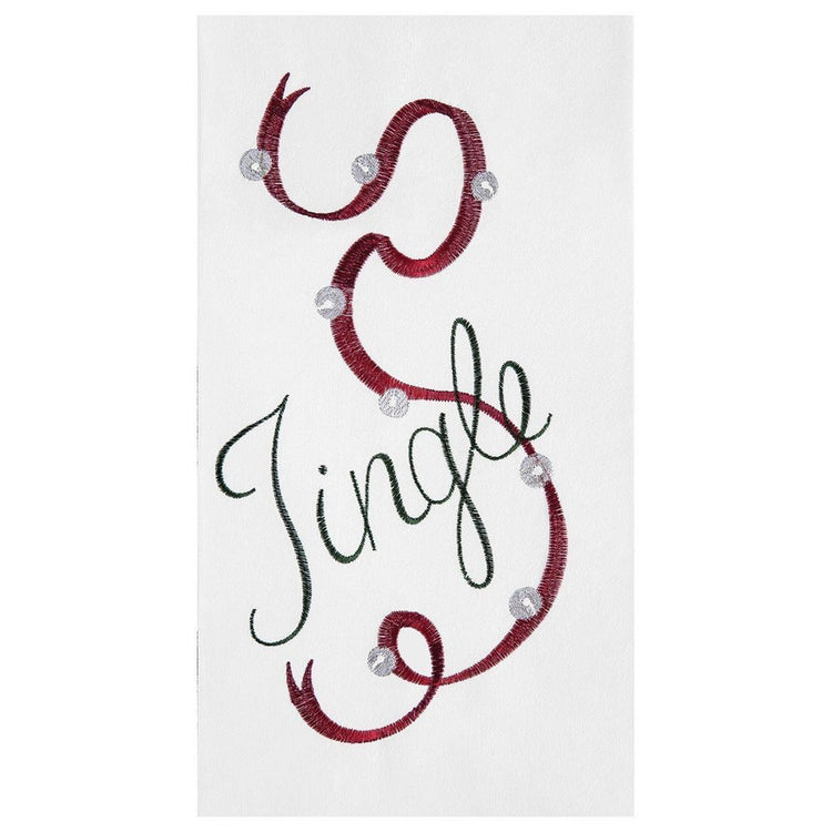 White flour sack kitchen towel with the word ‘Jingle’ embroidered on it and a red sleigh bell ribbon across it.