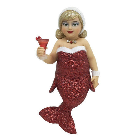 Mermaid figurine ornament.  Christmas outfit with hat, holding a cocktail.