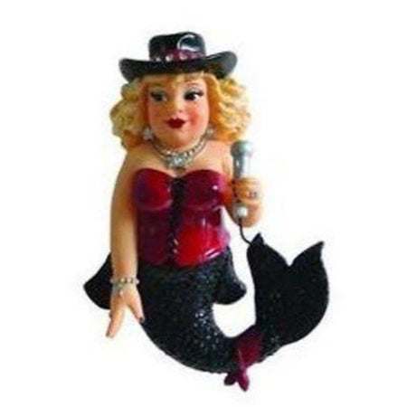 Mermaid shaped figurine hanging ornament.  Black tail, red sleeveless top, black cowboy type hat holding a microphone.