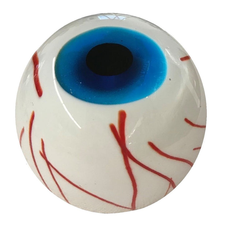 White eyeball with red veins and a blue pupil.