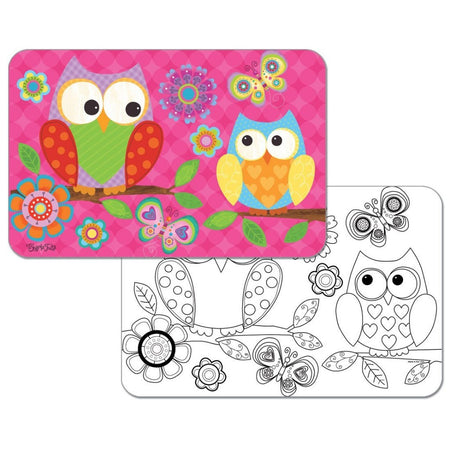 2 placemats. 1 is pink with 2 bright owls, and bright color flowers. 1 is the same but blank so you can color.