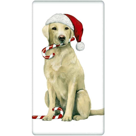 White kitchen towel with a yellow lab holding a candy cane in it's mouth and wearing a santa hat.