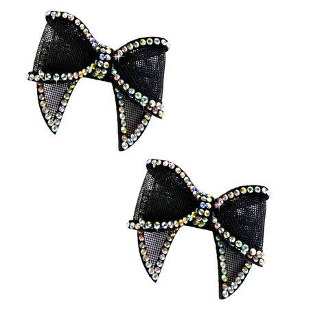 two black mesh bow shaped hair clips for your pet. the ribbon has an aurelia borealis colored rhinestone border.