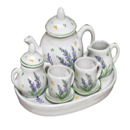 lavander tea set with a pot, sugar, creamer & 2 cups & saucers