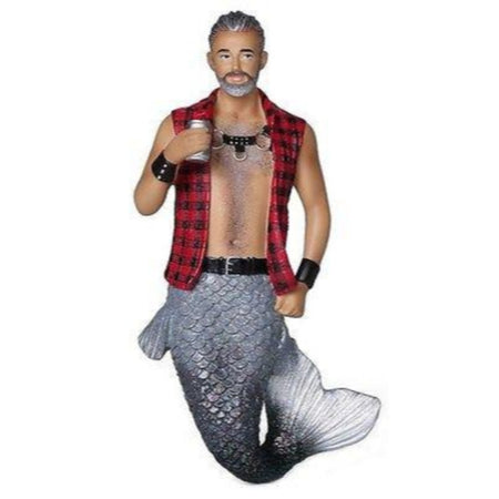 Mermaid figurine ornament.   Red and black checked vest with leather straps on chest.