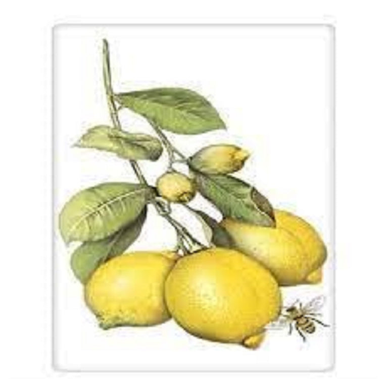 White towel with 5 lemons on a branch with leaves and a bumblebee