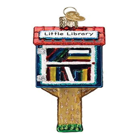 Blown glass ornament of a little library, hand painted with lots of glitter accents.