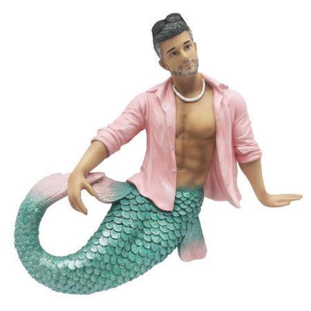Resin merman ornament. The merman has an aqua tail with light pink fins, wearing a light pink dress shirt, unbuttoned with a white shell necklace.