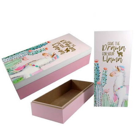 Rectangle box, pink with white lid decorated with cactus and llama.  "Save the Drama for your Llama".