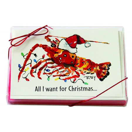 Christmas cards with red lobster wearing a Santa hat and text "All I want for Christmas...".