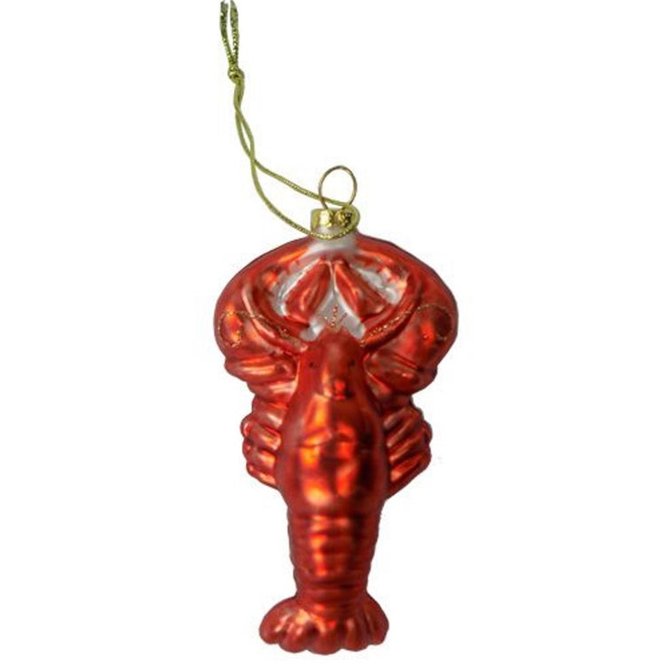 Red colored lobster shaped Christmas ornament with gold cord hanger.