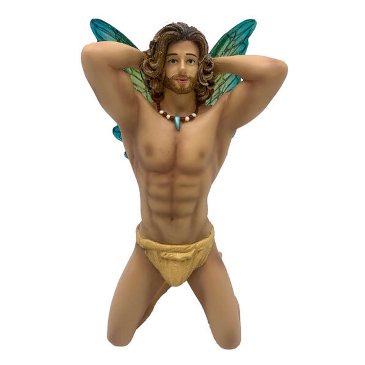 Resin male fairy, kneeling with his hands behind his head, he has blue green wings and a tan glittery loin cloth, along with a beaded necklace.