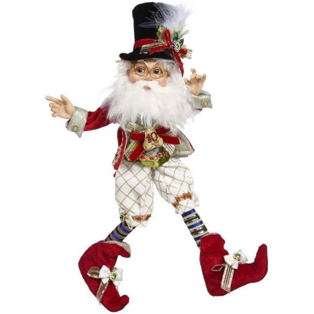 Bearded elf in top hat, red shoes and jacket, with white shorts. His top has a gold pear shaped accent bearing the number ten.