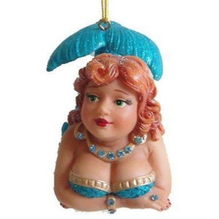 Mermaid figurine ornament.  Lying on her stomach, very voluptuous with teal jewelry and outfit.