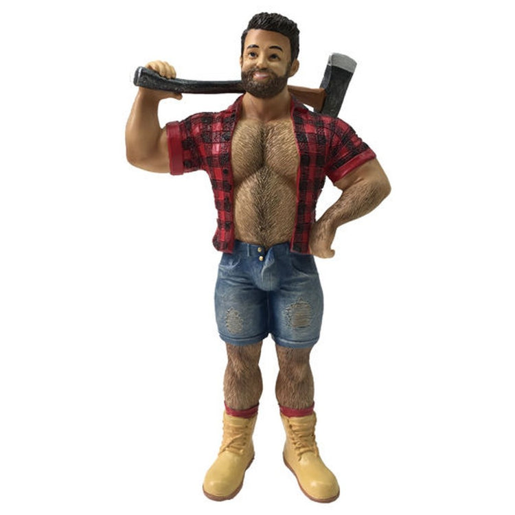 Burly hair man figurine dressed as a lumberjack with ax on shoulders.