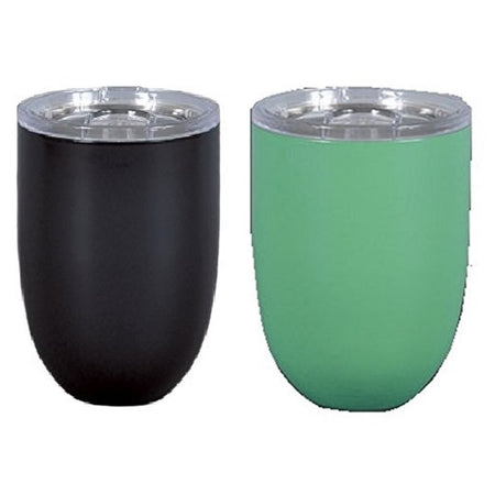 2 Stemless wine glasses with clear top.   Black and glow in the dark green.