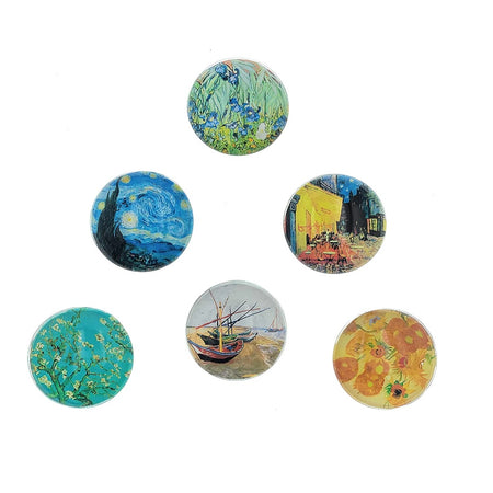 6 round glass dome magnets, each has a different van gogh fine art print inside. 