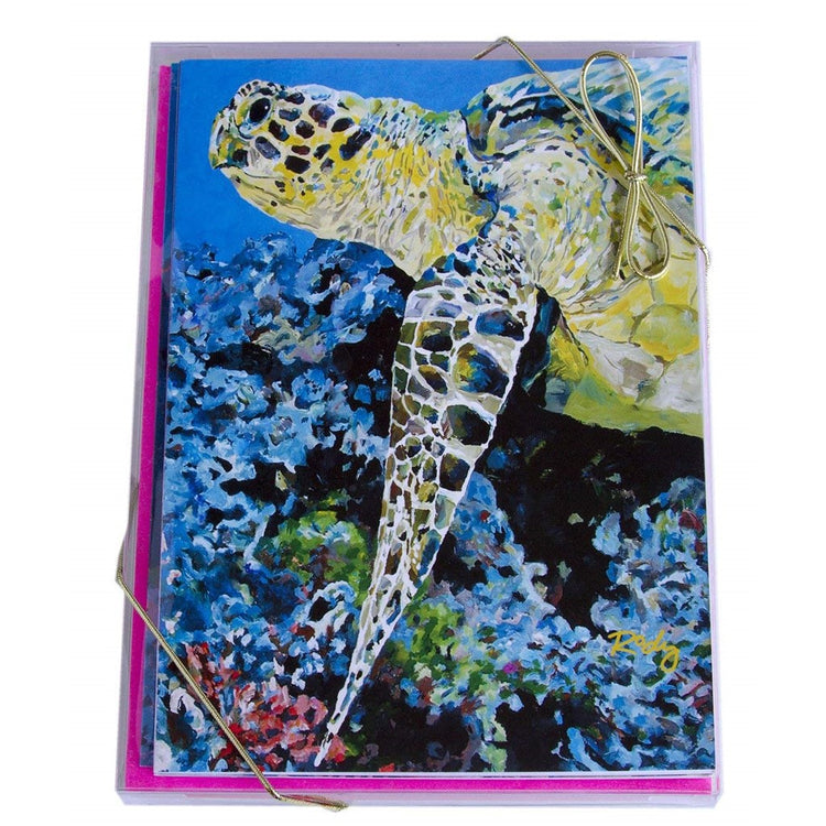 Blue notecard showing a painted sea turtle and pink envelopes.
