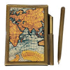 Bronze notepad case with pen, there is a glass piece with an image of an antique map. Photo shows pen removed from holder .
