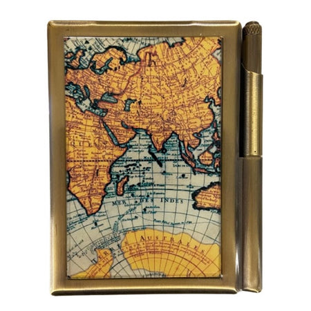 Bronze notepad case with pen, there is a glass piece with an image of an antique map.