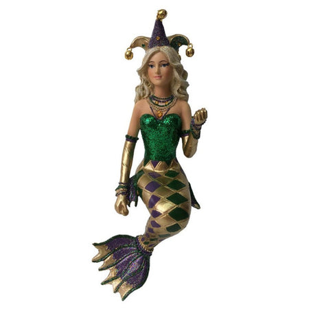 Mermaid figurine hanging ornament.   Wearing mardi gra inspired outfit with checked tail, green shit and crown.