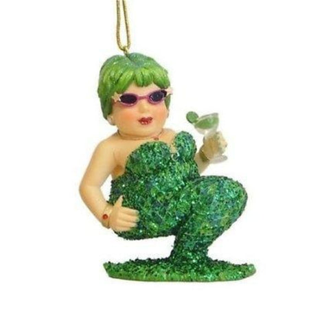 Mermaid figurine ornament.  Dressed in glitter green holding a cocktail.