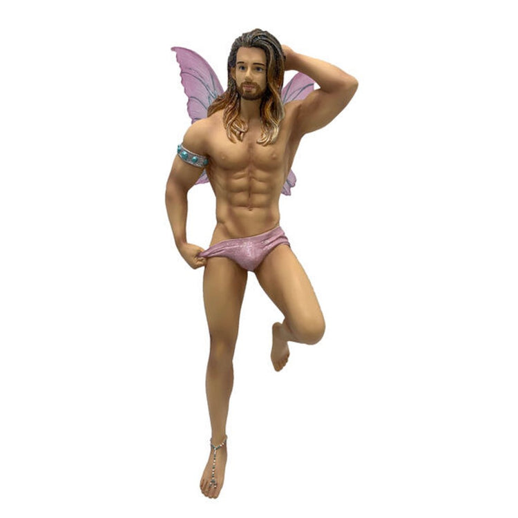 Resin male fairy ornament with pink wings, long brown hair, glittery pink briefs, an arm cuff, and beaded foot jewelry.
