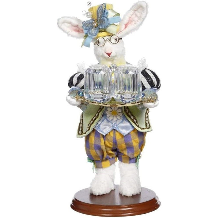 White bunny rabbit holding a tray with crystal salt and pepper shakers