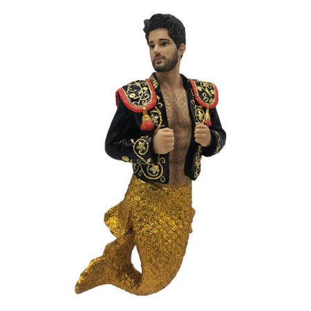 Resin merman ornament with golden tail and matador jacket.