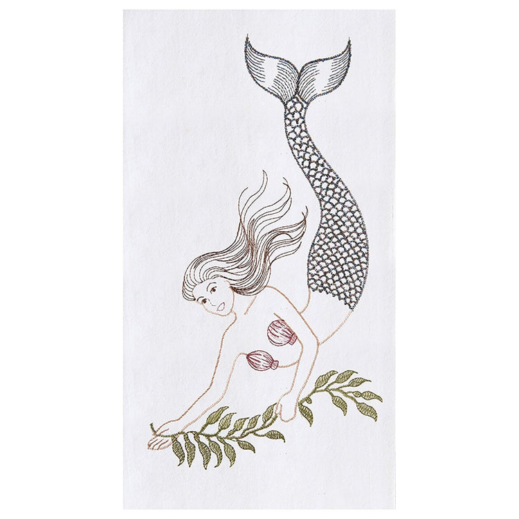 White flour sack kitchen towel with embroidered mermaid swimming downwards holding seaweed. 